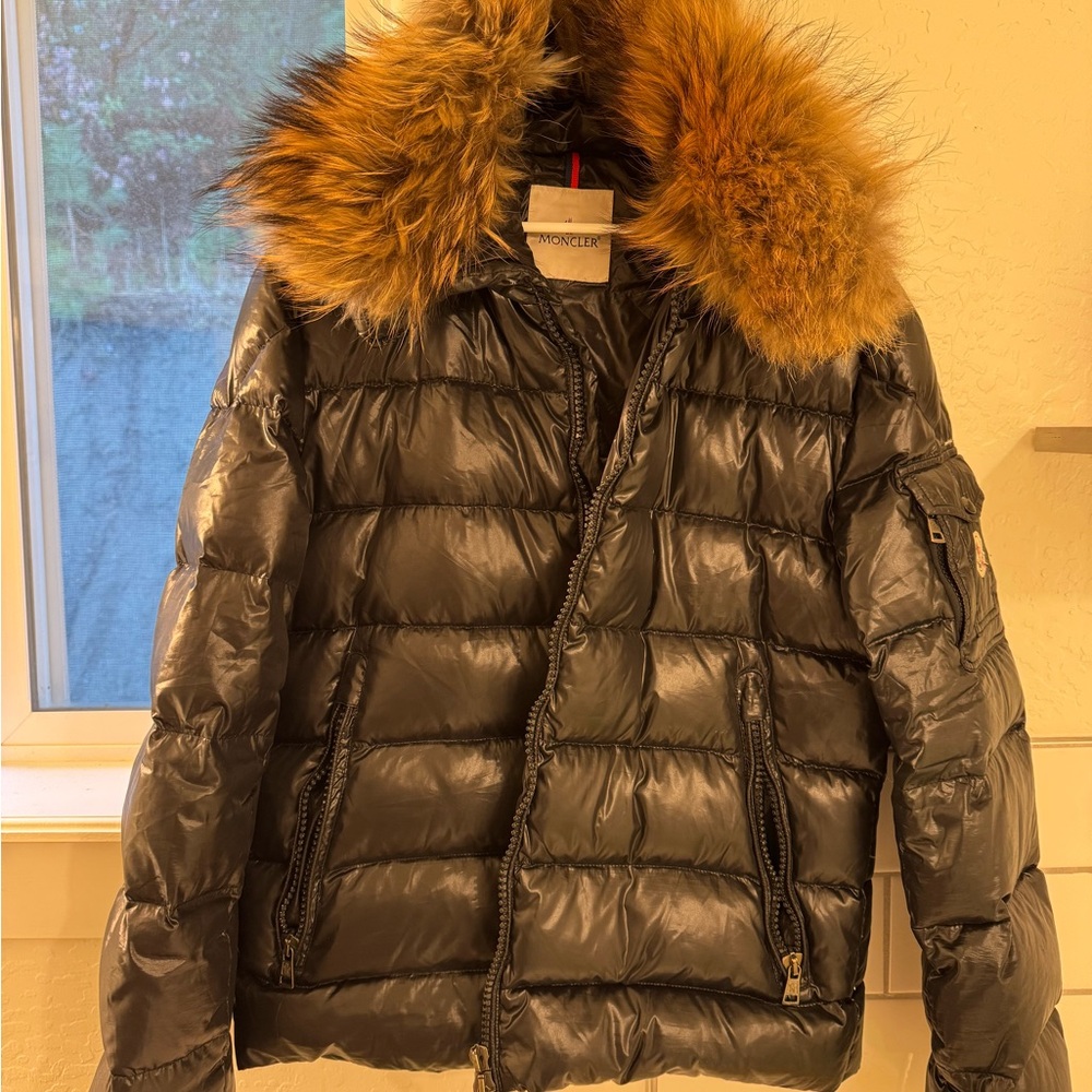 Moncler Shiny Black Jacket with Brown Fur Collar